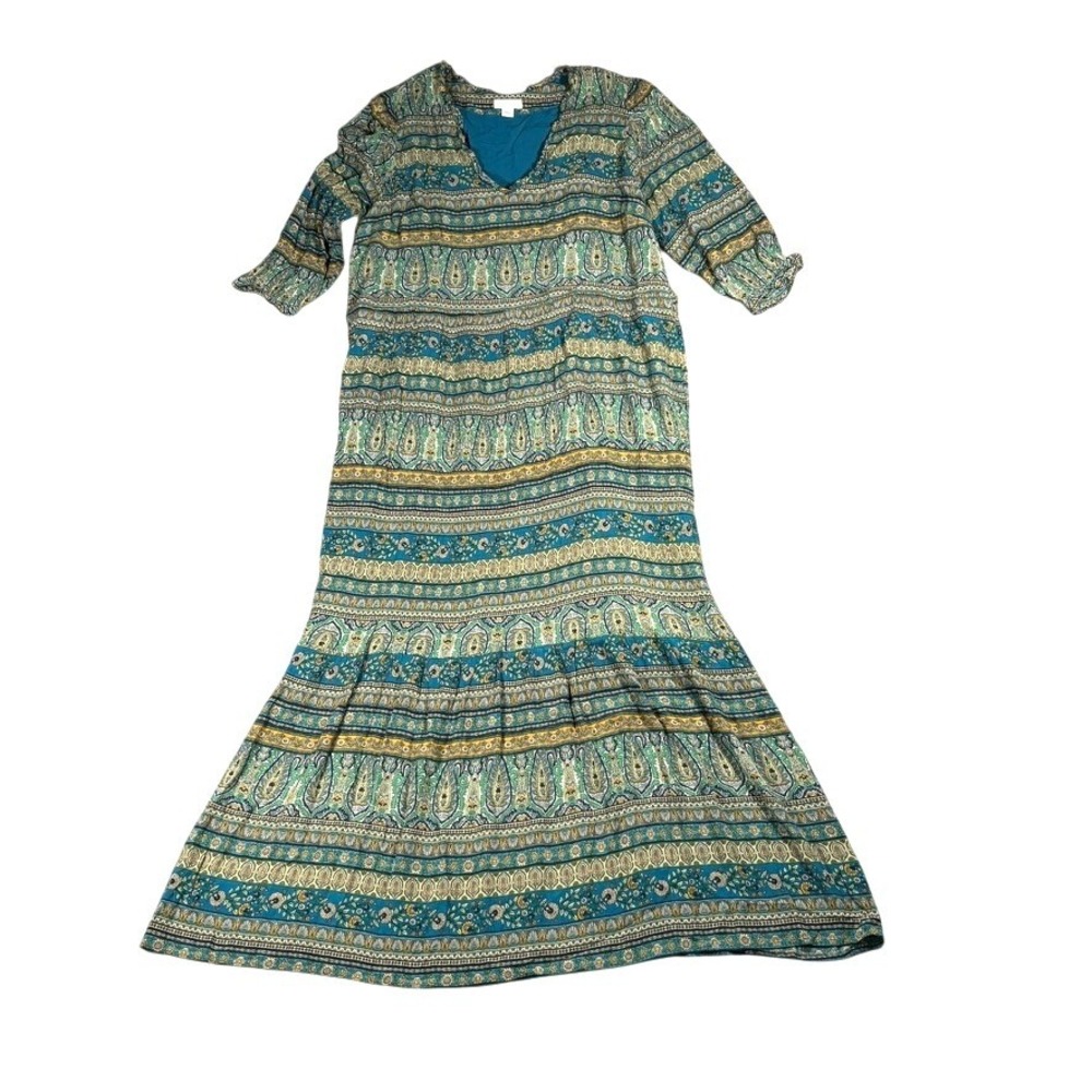 J. Jill Teal Paisley Floral Tiered Maxi Dress V-Neck 3/4 Sleeve M Boho Folk Luxe